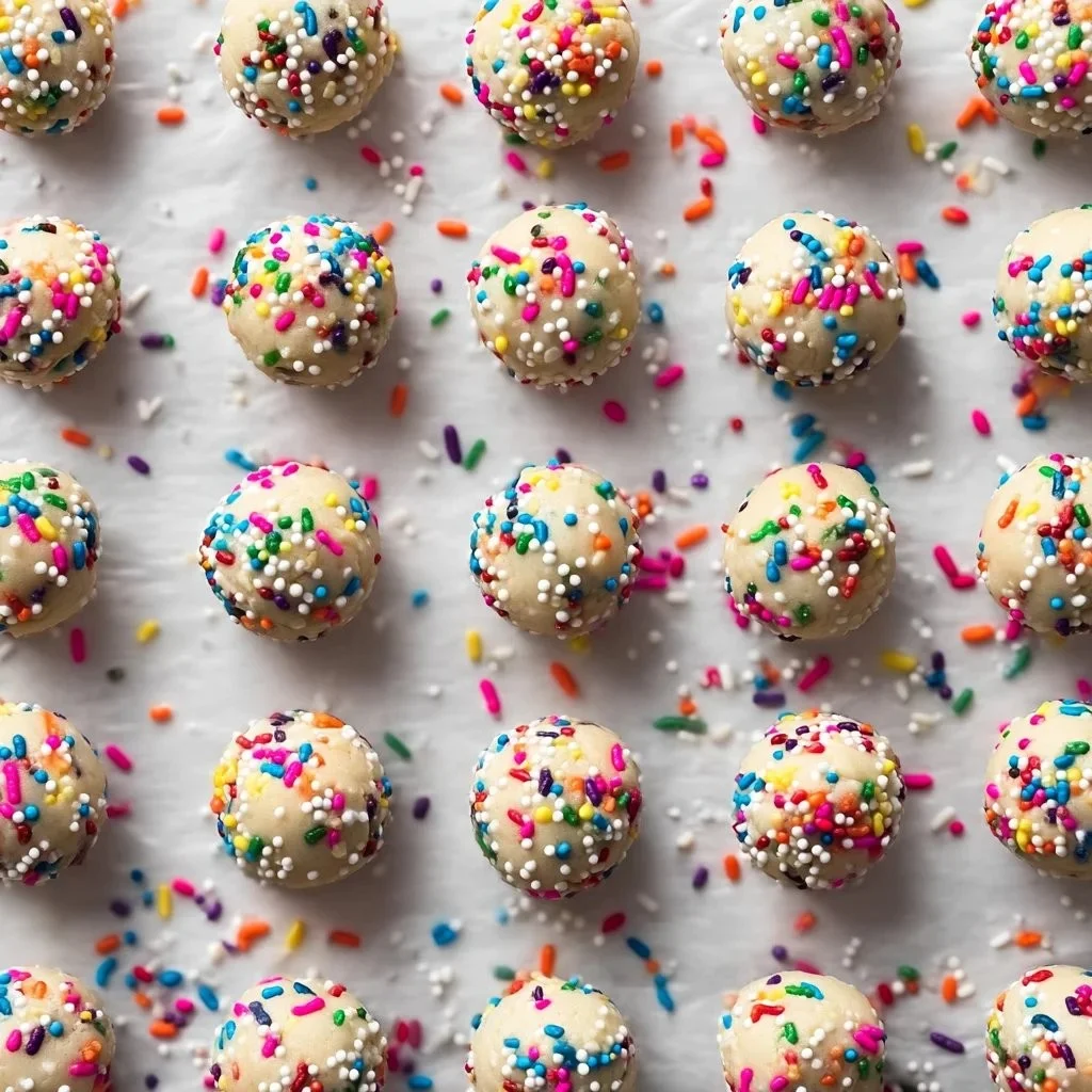 Delicious birthday cake batter energy balls stacked in a colorful bowl.