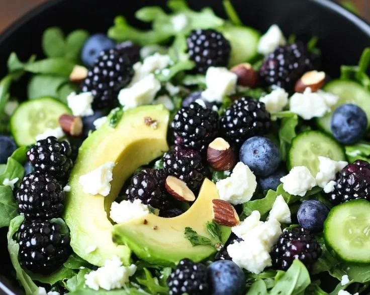 Colorful Blackberry Avocado Salad with citrus dressing served in a bowl