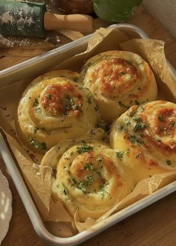 Buttery garlic cheese rolls fresh out of the oven, golden brown and cheesy