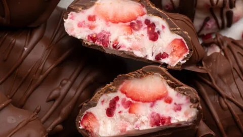 Chocolate strawberry yogurt clusters with fresh strawberries and chocolate drizzle