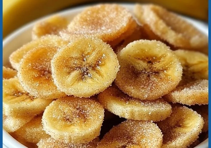 Crunchy cinnamon-sugar air-fryer banana chips in a bowl.