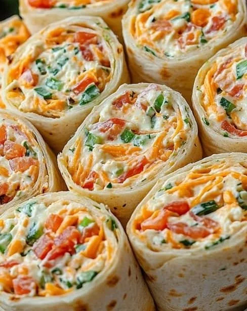 Colorful veggie tortilla roll-ups filled with fresh vegetables and herbs.