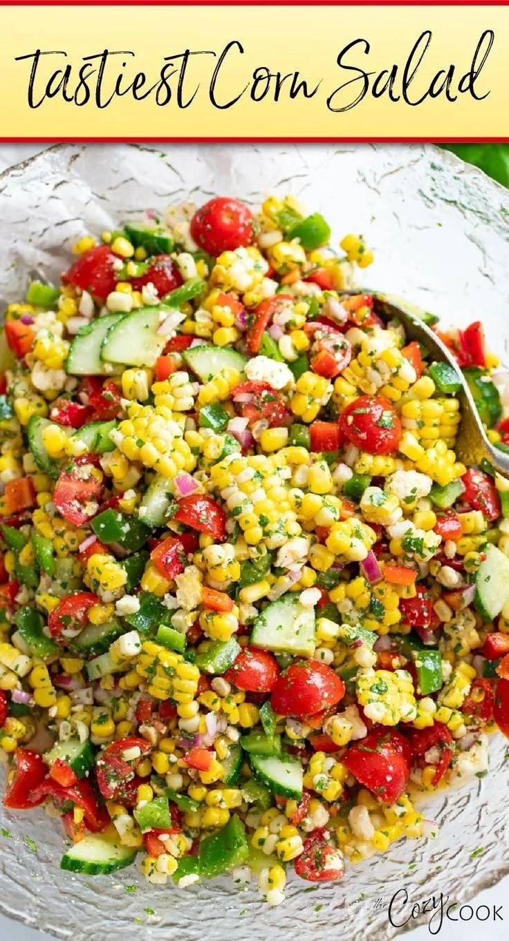 Colorful corn salad with fresh vegetables in a bowl