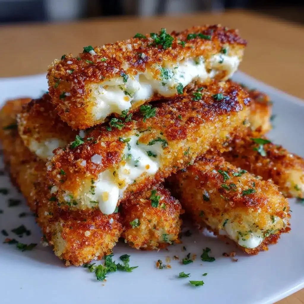 Homemade cottage cheese sticks served on a plate with dipping sauce