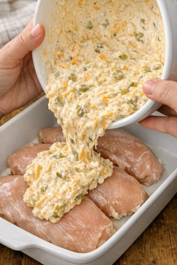 Creamy baked chicken dinner served with vegetables on a plate.
