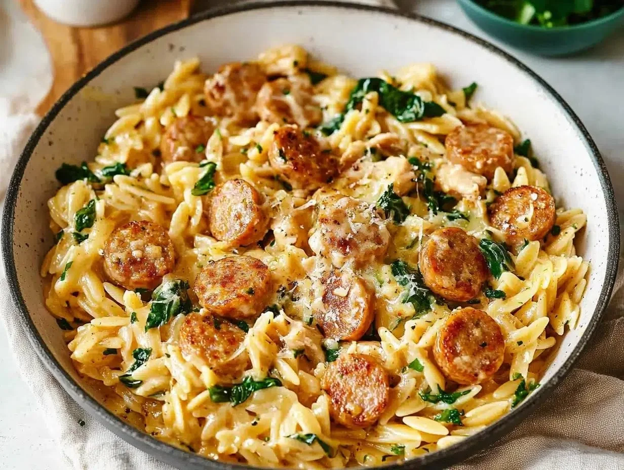 Creamy chicken sausage orzo skillet in a pan
