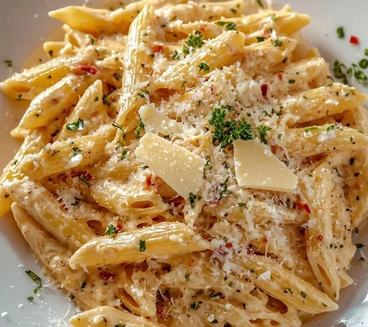 Creamy one-pot garlic pasta served in a bowl with fresh herbs