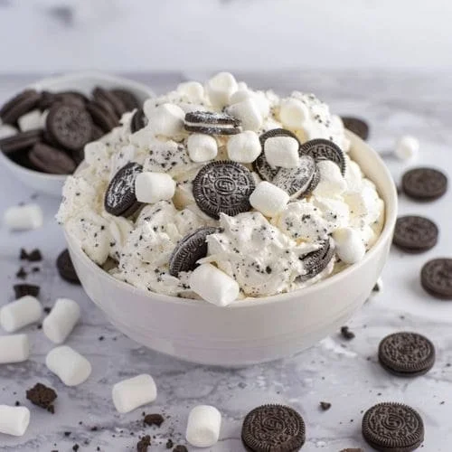 Creamy Oreo whipped dessert in a glass topped with crushed Oreos.