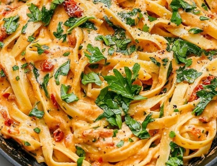Creamy vegan pasta with sun-dried tomatoes in a bowl.