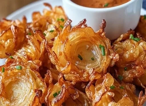Crispy air fryer blooming onion served with dipping sauce