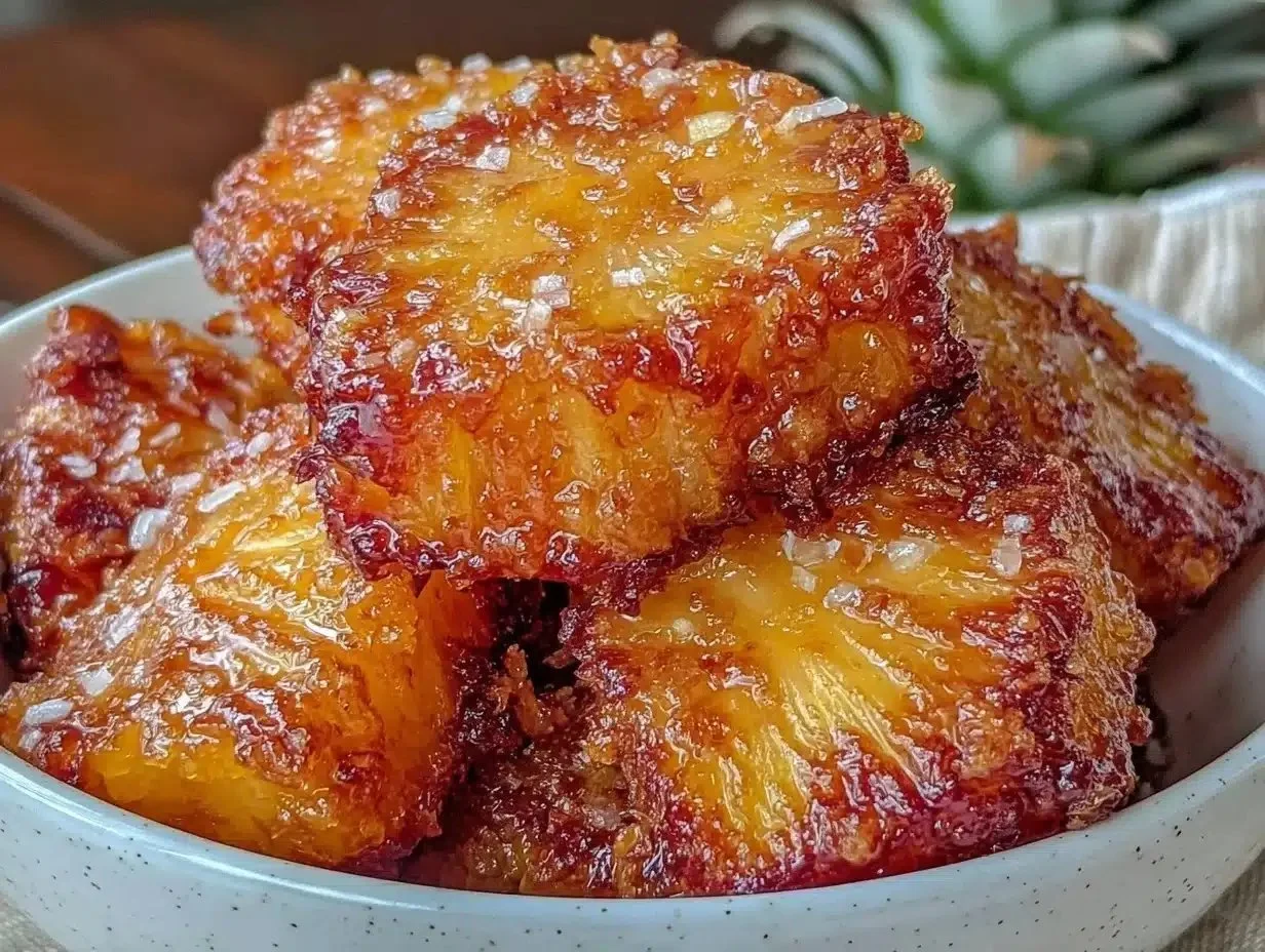 Crispy air fryer pineapple chunks served in a bowl
