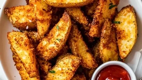 Crispy air fryer potato wedges served with dipping sauce