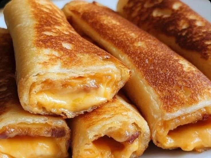 Plate of crispy cheesy roll-ups with melted cheese and crispy golden exterior