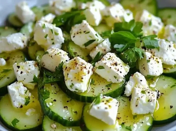 Fresh cucumber feta salad with diced cucumbers and feta cheese
