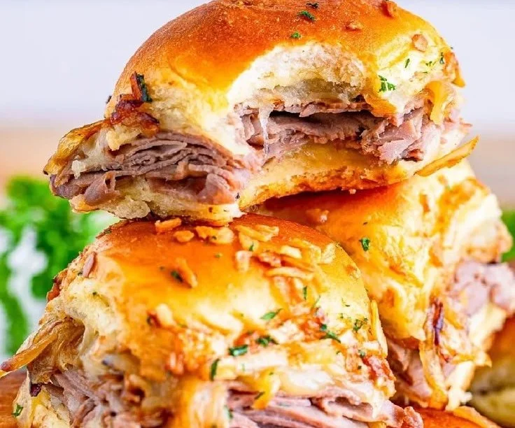 Easy French Dip Sliders served with au jus dipping sauce