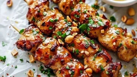 Easy grilled Asian chicken skewers served on a platter.