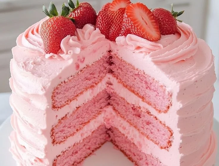 Delicious homemade strawberry cake decorated with fresh strawberries