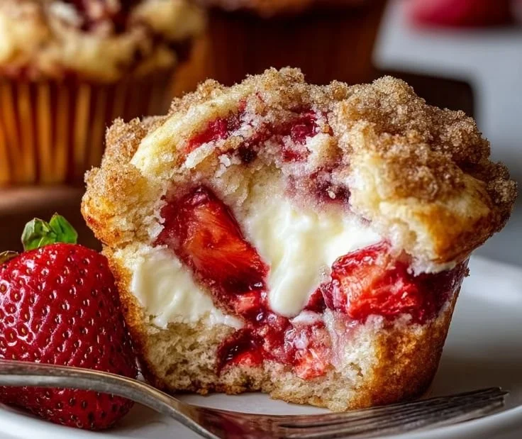 Delicious easy strawberry cream cheese muffins fresh out of the oven