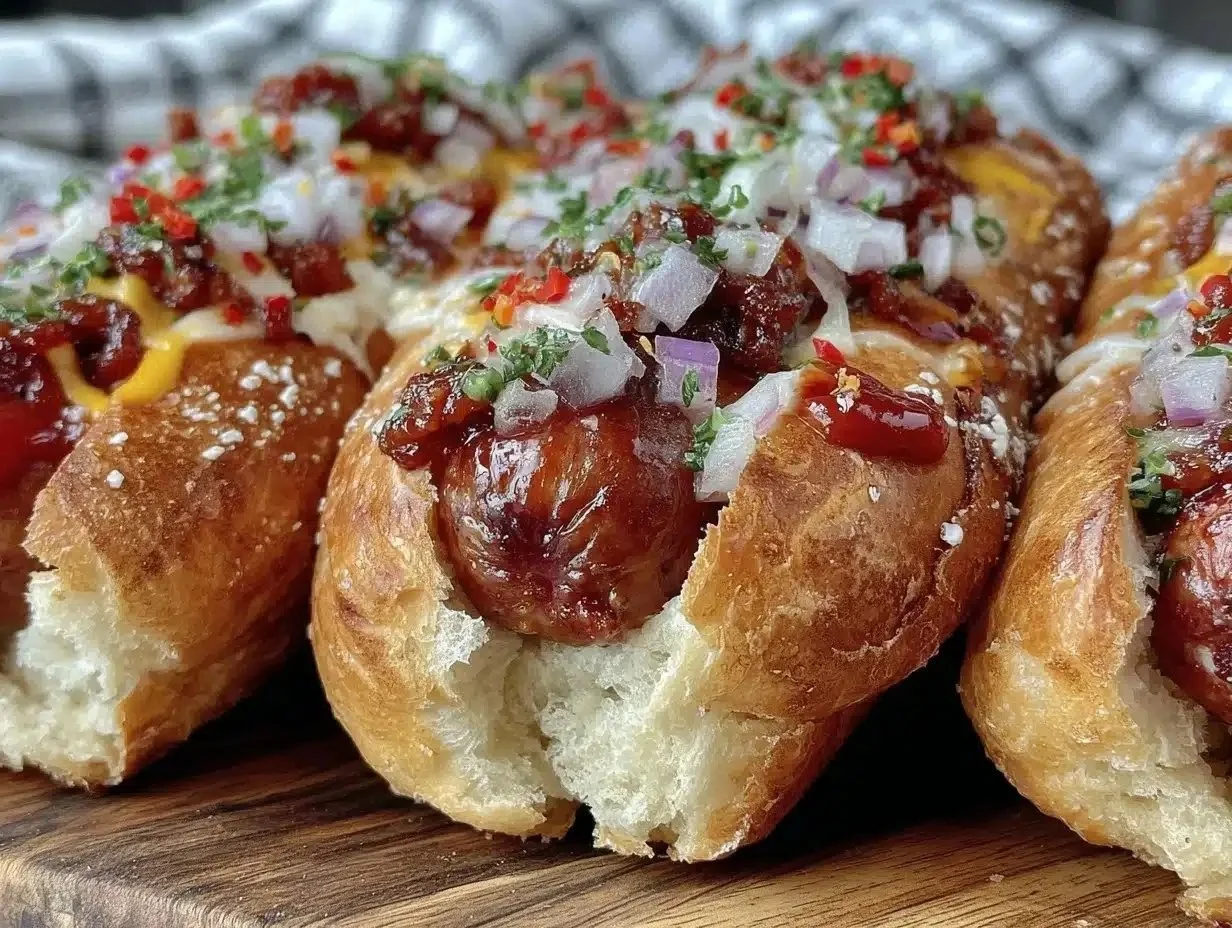 Delicious Firecracker Hot Dogs topped with spicy condiments and served on a bun.
