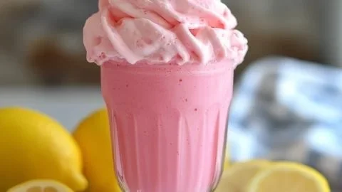 Fluffy pink lemonade whip dessert in a glass with a lemon slice
