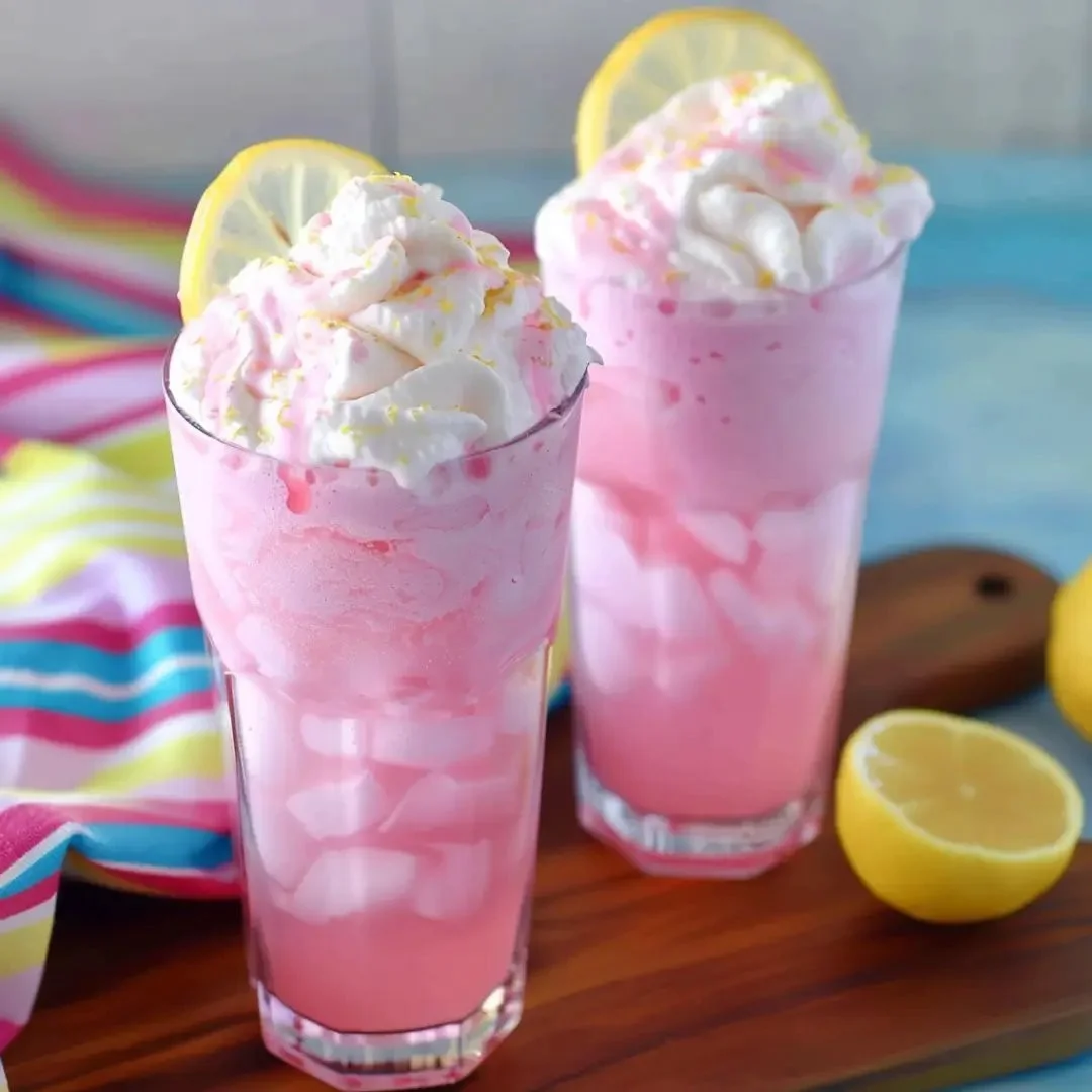 Fluffy pink lemonade whipped treat in a glass with citrus slices.