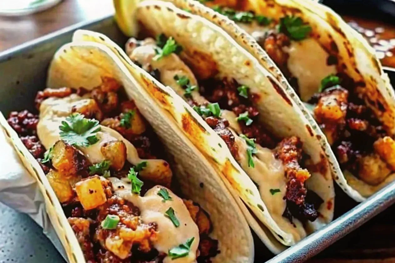 Delicious Garlic Butter Honey BBQ Tacos served on a plate