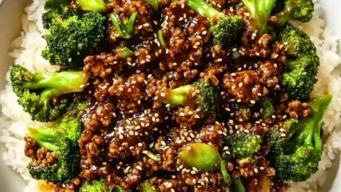 Ground beef and broccoli stir-fry served in a bowl with vibrant vegetables