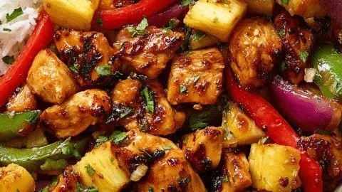 Delicious Hawaiian chicken sheet pan meal with vibrant vegetables and tropical flavors.
