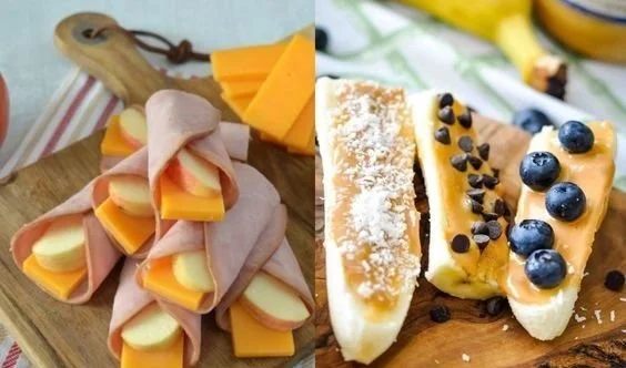 A variety of colorful healthy snacks for kids, including fruits and nuts.