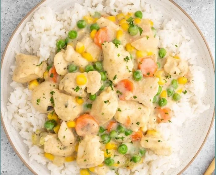High-protein crustless chicken pie with vegetables in a baking dish