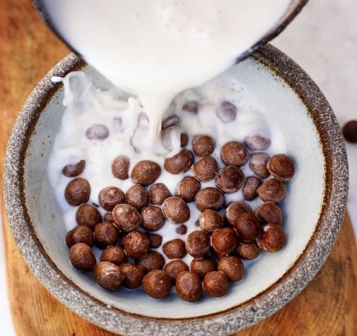 Delicious homemade chocolate cereal in a bowl with milk