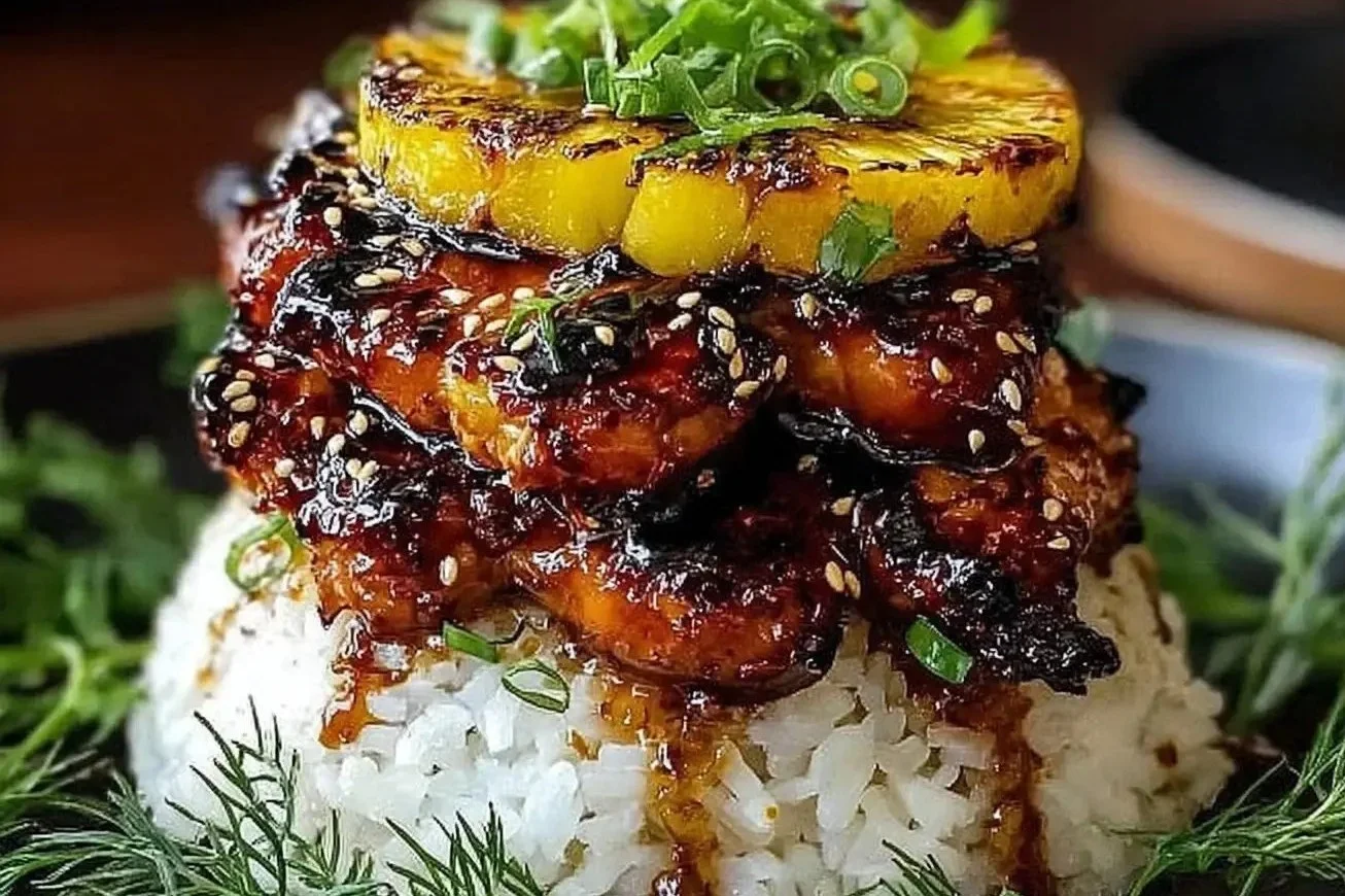 Delicious Island-Style Huli Chicken Stack with vibrant ingredients