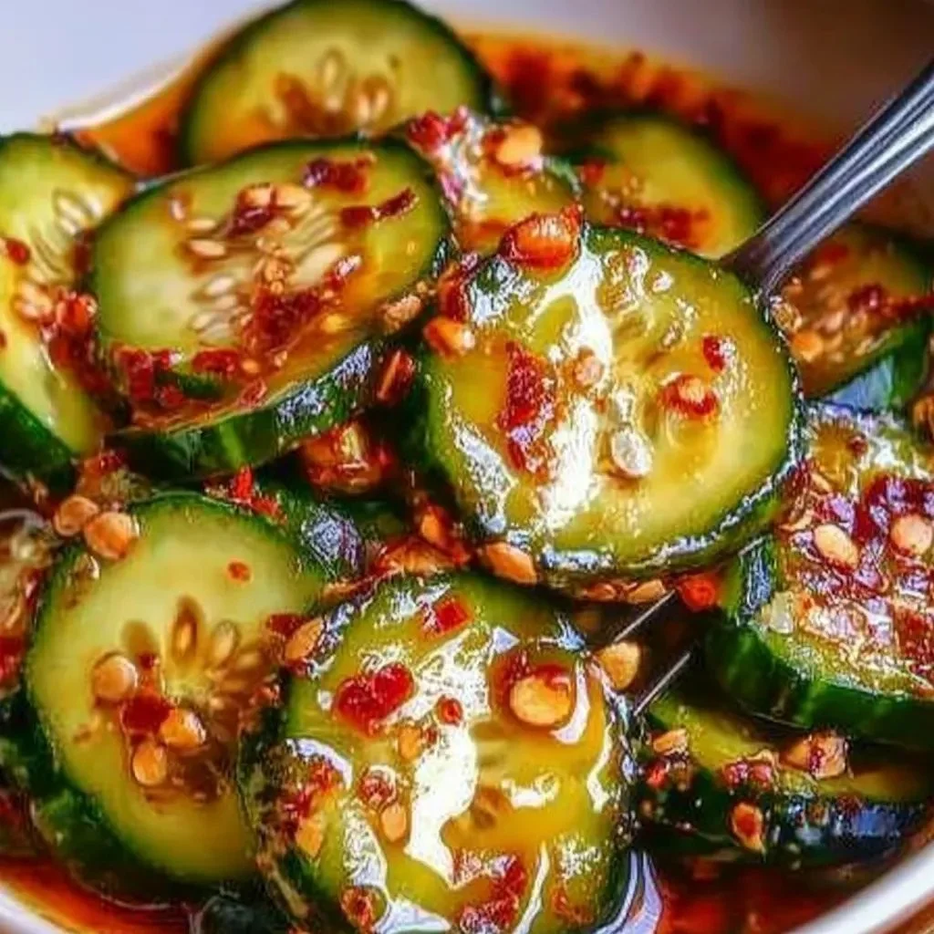 Korean Cucumber Salad dish garnished with sesame seeds and chili flakes