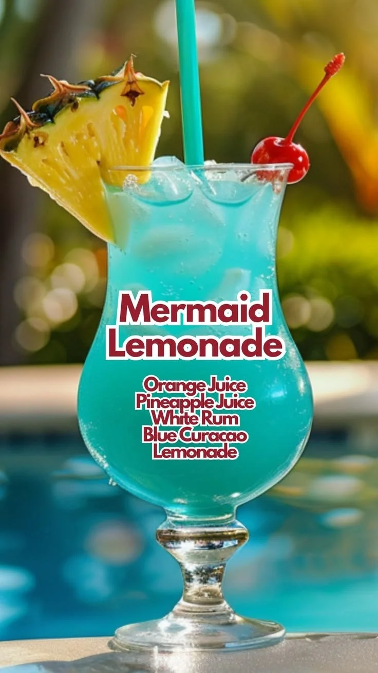 A glass of vibrant Mermaid Citrus Lemonade with colorful lemon slices and tropical garnishes.