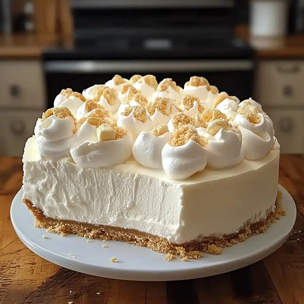 No-bake marshmallow whip cheesecake topped with whipped cream and sprinkles.