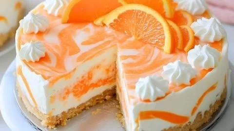 Orange Creamsicle No-Bake Cheesecake with orange slices and whipped cream