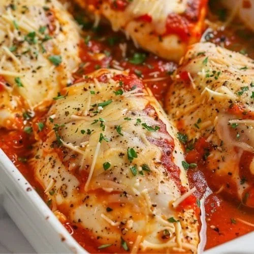 Delicious oven-baked chicken topped with marinara sauce and melted mozzarella
