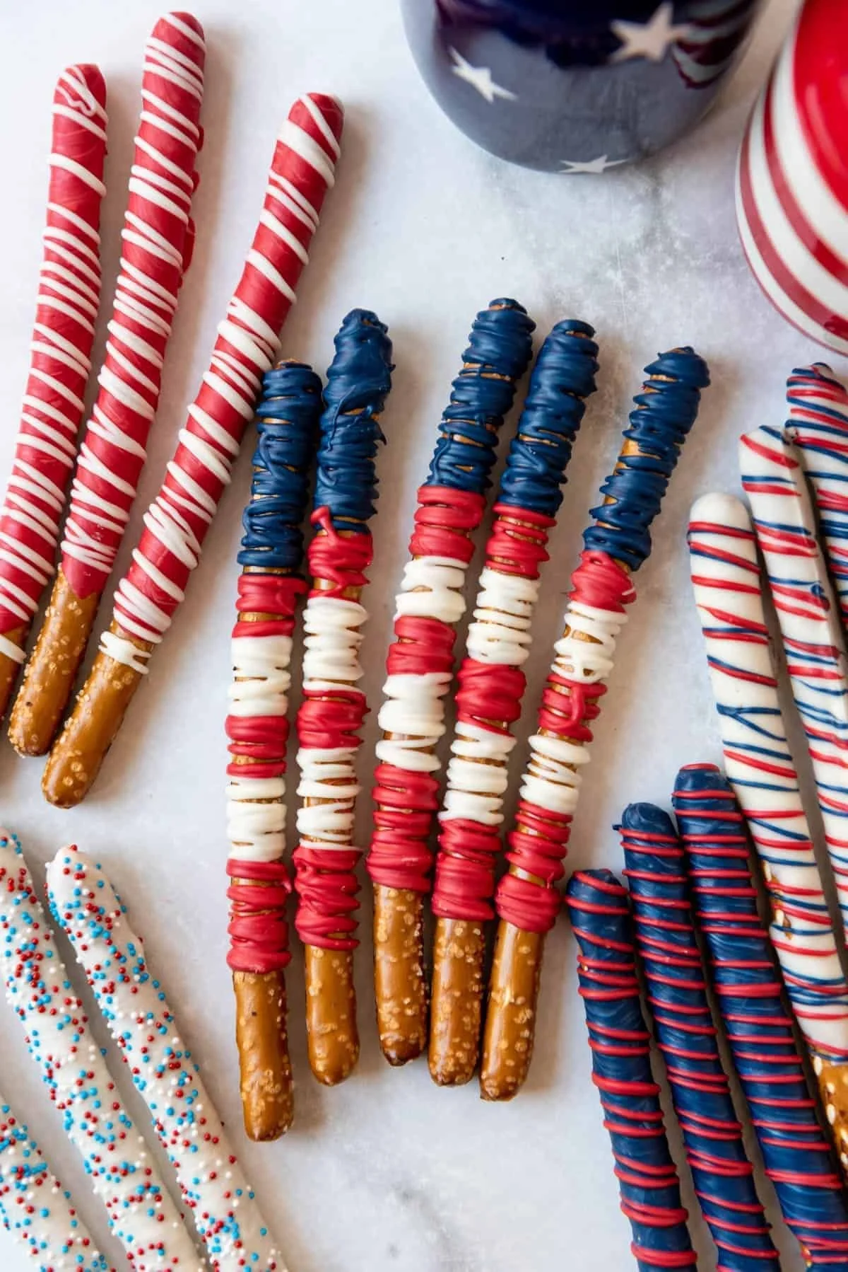 Red, white, and blue coated pretzel rods for a patriotic treat