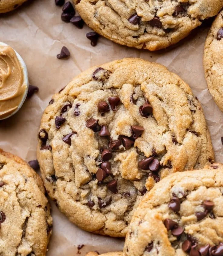 Freshly baked Peanut Butter Chocolate Chip Cookies on a cooling rack
