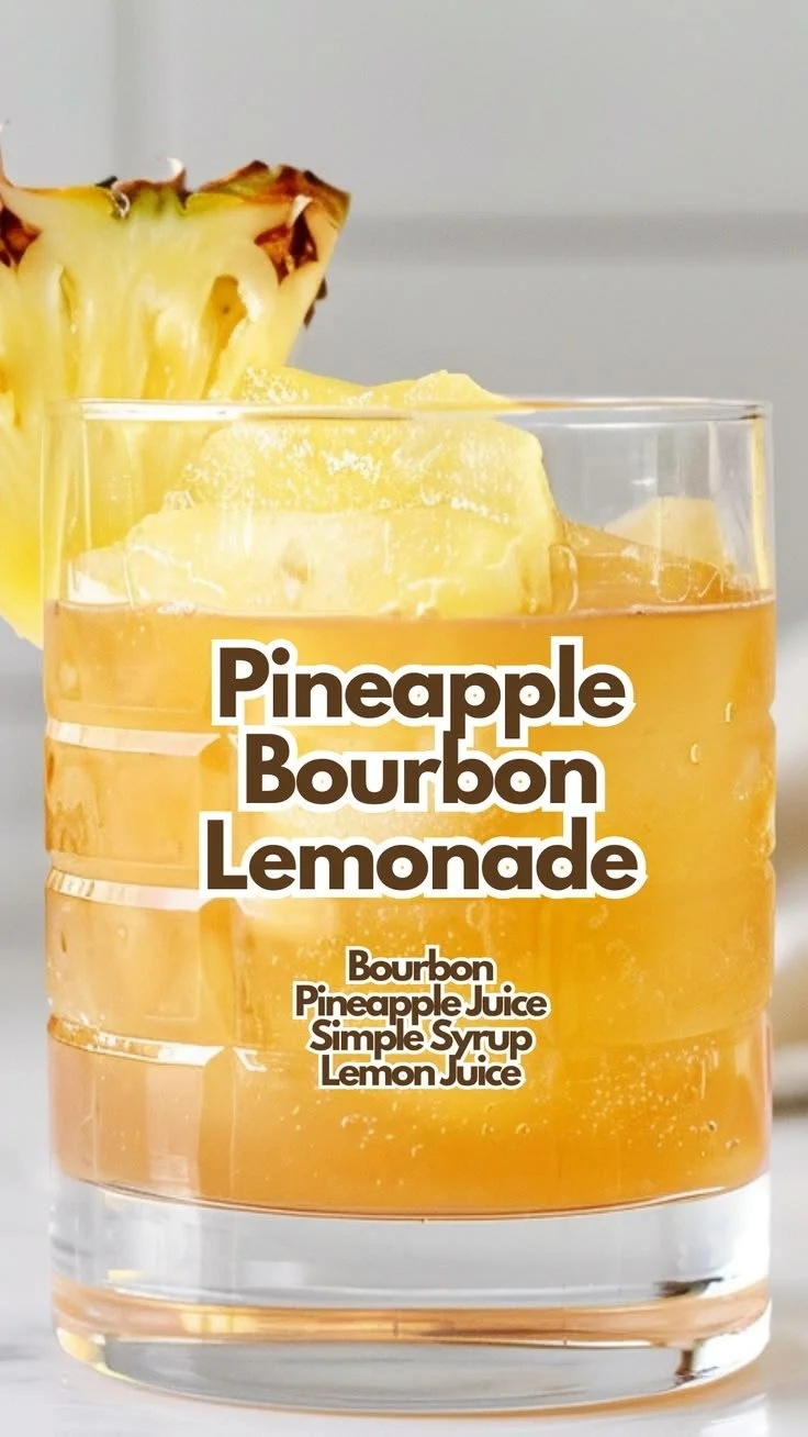 Fresh Pineapple Bourbon Lemonade in a glass with garnishes.