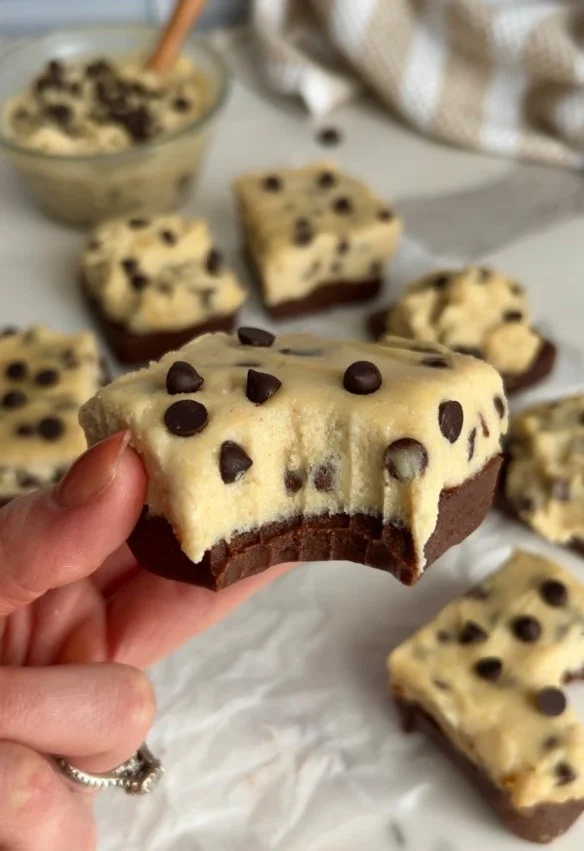 Protein packed cookie dough brownies with chocolate chips and nuts