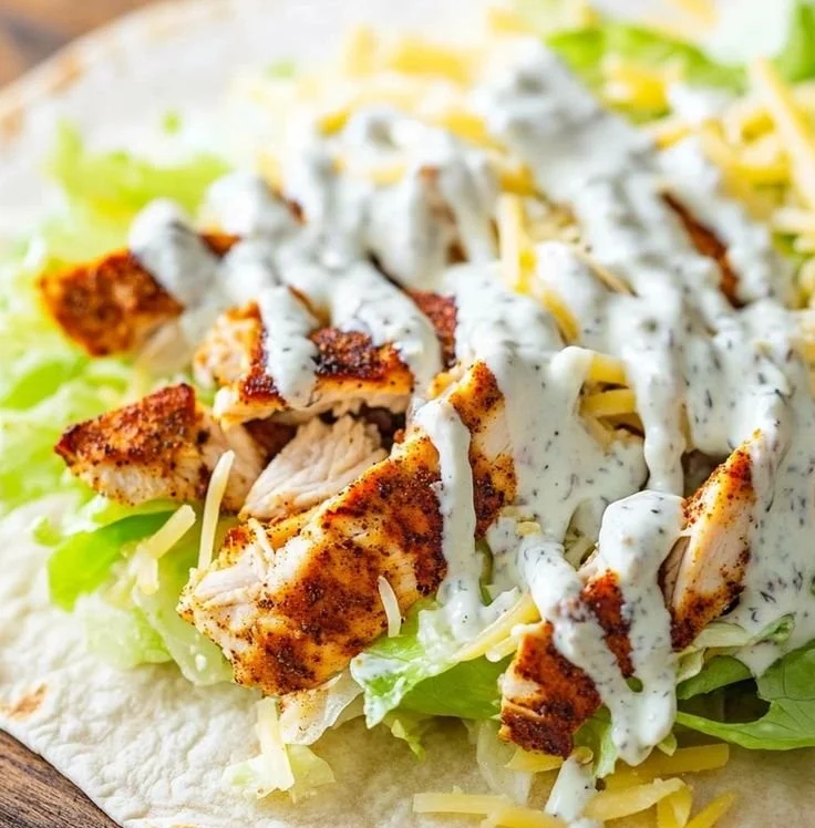 Delicious quick grilled chicken wraps filled with fresh vegetables and sauces.