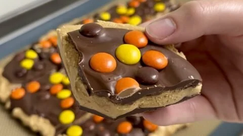 Homemade Reese's Bark made with rich chocolate and peanut butter cups