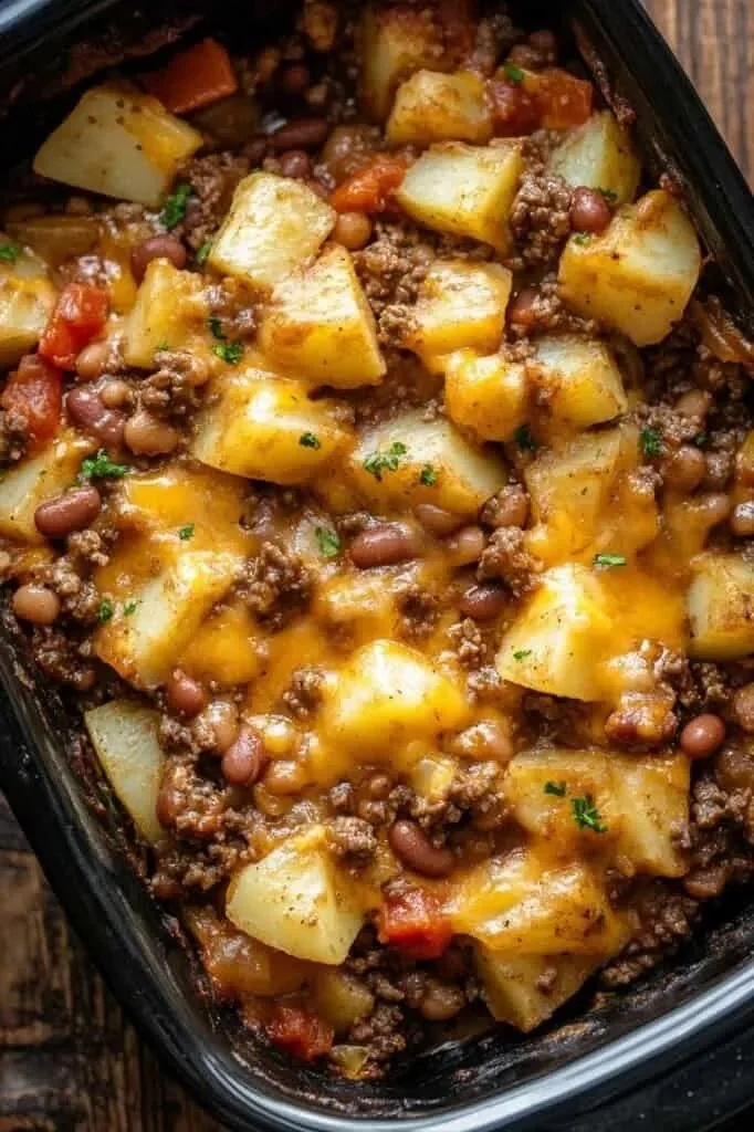 Delicious slow cooker cowboy casserole in a bowl with cheese and toppings