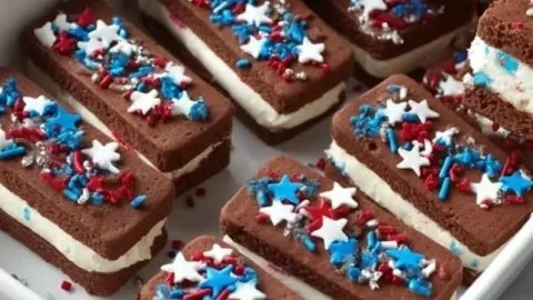 Star Spangled Ice Cream Sandwiches with red, white, and blue decorations for a festive treat