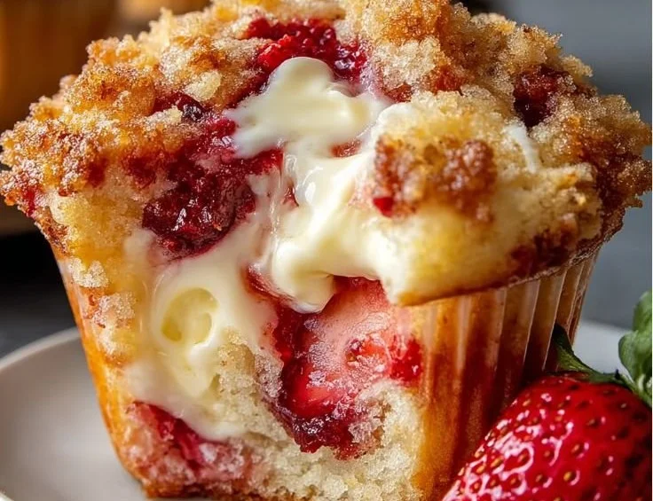 Freshly baked strawberry cream cheese swirl muffins with a moist texture