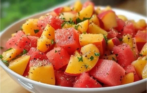 Sweet peach watermelon salad in a bowl garnished with mint leaves