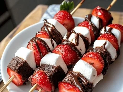Delicious sweet strawberry brownie skewers with fresh strawberries and melted chocolate.