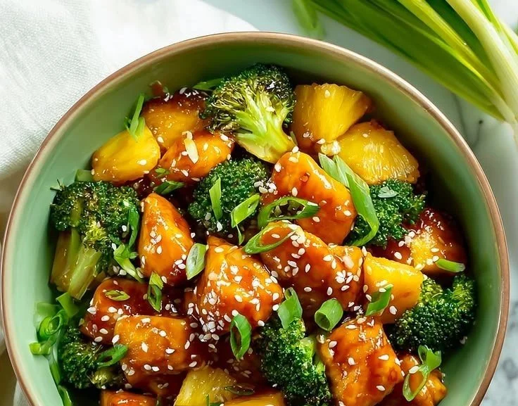 Teriyaki Pineapple Chicken with Broccoli served on a plate.