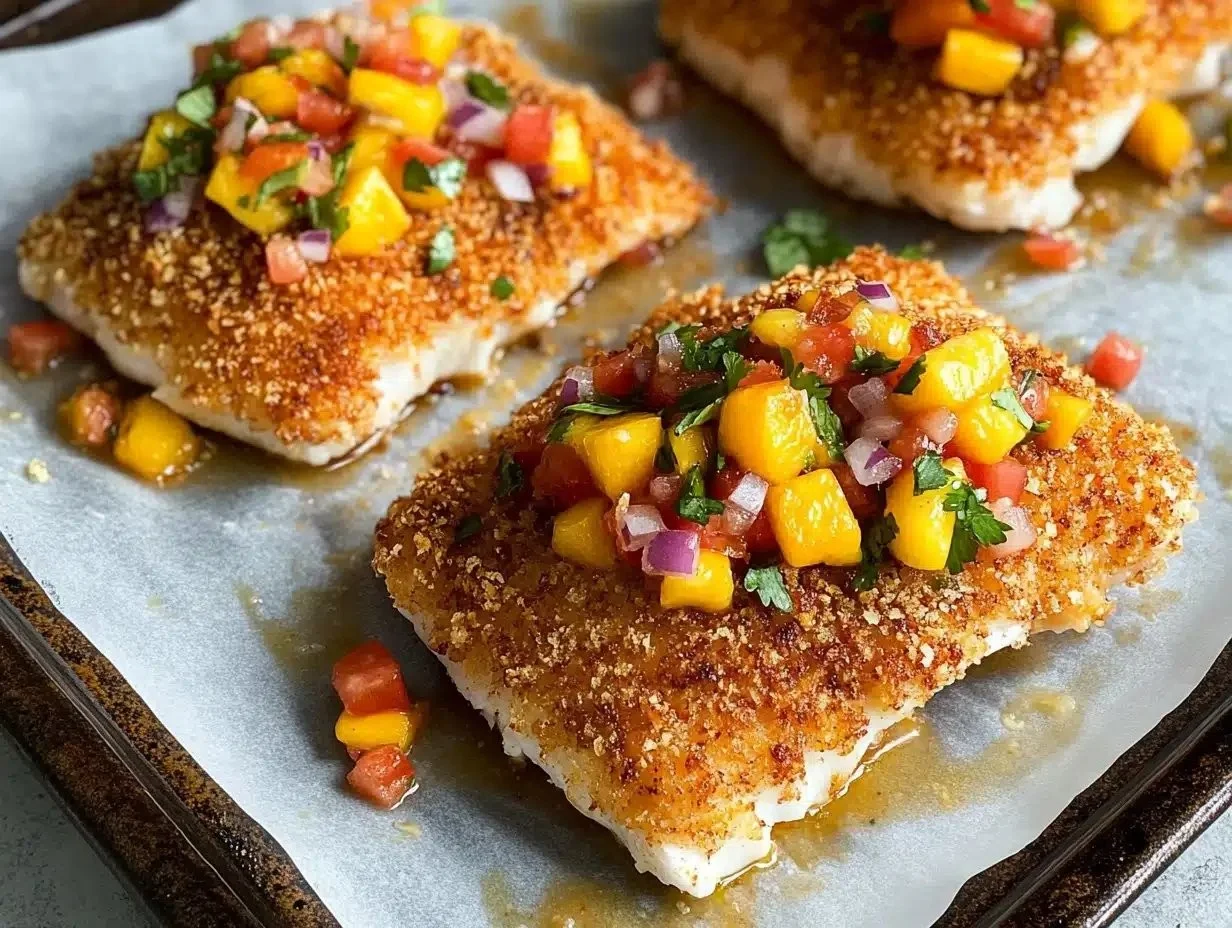 Tropical mango salsa served with coconut-crusted fish on a white plate.